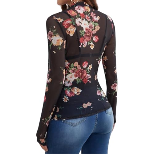 Lace Long Sleeve Tops for Women Floral Mesh Tops Mock Neck Sheer See Through Shirts Going Out for Casual Party Club4