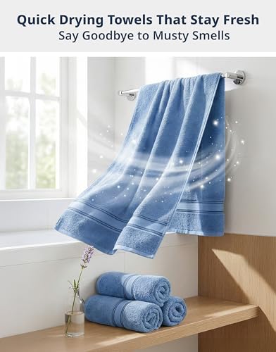 Image of LANE LINEN 100% Cotton 4 Pack Bath Towels (28 inchx54 inch) - Zero Twist, Mercerized Cotton Bathroom Towels Set - Quick Dry, Soft & Absorbent Large Bath Towels - Machine Wash in Cold Water - Cerulean Blue