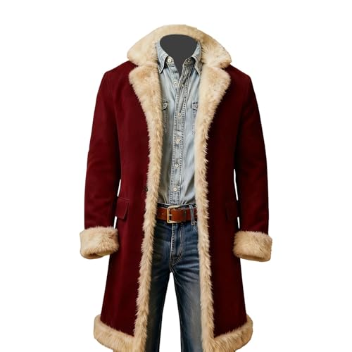 Christmas Costume Mens Santa Trench Coat Trendy Fur Trim Coats Long Peacoats Xmas Blazer Jacket Overcoat Holiday