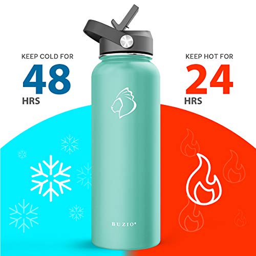 BUZIO Double Wall Stainless Steel Sports Water Bottle, BPA-Free Flex Cap and Straw Lid, 40 Ounces, Mint