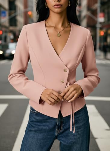 Image of Women's Cotton Tops | Casual Wrap V Neck Top | Long Sleeve Textured Side Tie Shirt | Elegant Slim Fit Crossover Tunic | Stylish Office Wear & Trendy Streetwear Apparel(38-K-1-4)