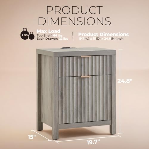 Image of Walsham Fluted Nightstands Set of 2 with Charging Station, Grey Oak