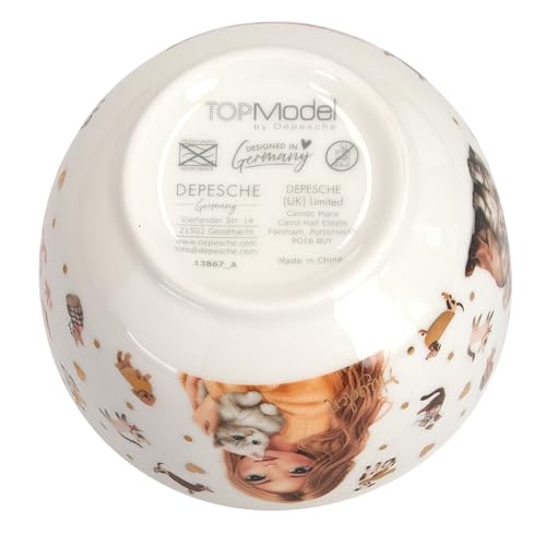 Depesche 13867 TOPModel Fur ever Friends - Müslischale in Weiß, mit Model Motiv, Hunden, Katzen und Gold, Schüssel mit Innenschrift 'Happy Day'