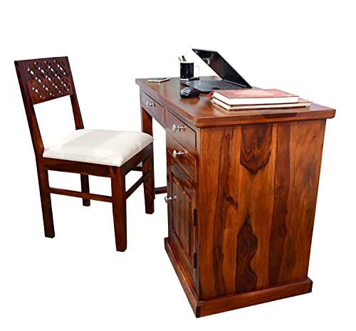 Image of Sheesham Wood Study Table for Bedroom 2 Drawer,1 Storage Cabinet with Keyboard Trey with Flora Chair with Matte Finished (Honey Oak Color)