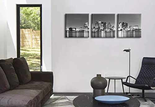 Black And White Boston Skyline Canvas Wall Art - 3 Pieces City Night Scene Panoramic Painting Pictures Canvas Print Modern Living Room Office Wall Decor Home Decorations Framed Ready To Hang 16"X16"X3 #TOP3