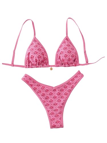 MakeMeChic Women's Bikini Sets Floral Print Spaghetti Strap High Cut Swimsuit Beachwear