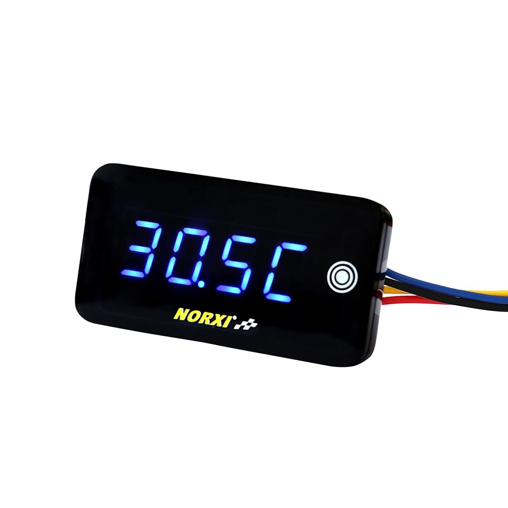 Termometro Digitale Universale per Moto, 3in1 Moto del motore Termometro Orologio Impermeabili Voltmetro per Moto, Celsius Fahrenheit Possono Convertiti, con Sensore Temperatura Adapter, 14mm Blu