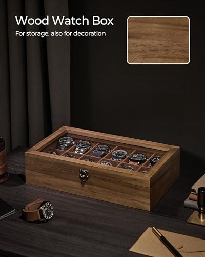 Image of SONGMICS 12-Slot Watch Box, Watch Display Case with Large Glass Lid, Removable Pillows, Velvet Lining, Gift Idea, Rustic Walnut UJOW120K01