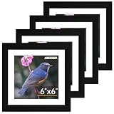 FIXSMITH 6x6 Picture Frame Set of 4, Photo Frame with HD Plexiglass, Display Pictures 4x4 with Mat or 6x6 Without Mat Multi Picture Frames Collage for Tabletop or Wall Display, Black