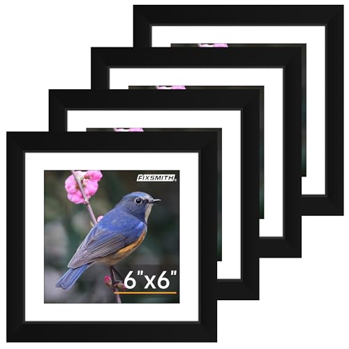 FIXSMITH 6x6 Picture Frame Set of 4 Photo Frame with HD Plexiglass Display Pictures 4x4 with Mat or 6x6 Without Mat Multi Picture Frames Collage for Tabletop or Wall Display Black