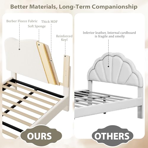 GarveeHome Upholstered Twin Size Bed Frame for Kids with Scallop Headboard, Cute Velvet Twin Bed for Girls, Boys, Sturdy Platform Bed, No Box Spring Needed, Wooden Slats, Noise Free, White