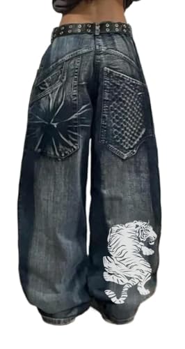 Unisex Y2K Hip Hop Street Jeans Tiger Print Gothic Baggy Jeans Vintage High Waist Denim Jeans Wide Leg Pants