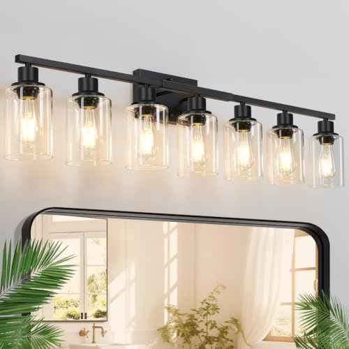 Image of Indoi 7-Light Bathroom Light Fixtures, Matte Black Modern Vanity Lights with Clear Glass Shades, Bathroom Wall Lamp for Mirror Living Room Cabinet Bedroom Porch
