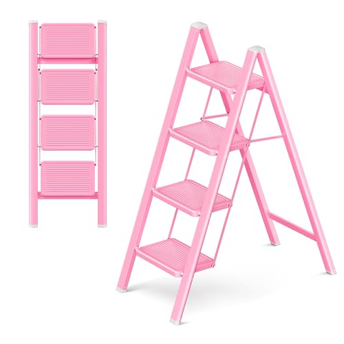 GameGem Pink 4 Step Ladder Sturdy Foldable Ladder Integrated 7.9Inch Wide Pedal and Anti-Slip Feet for Steady Support Suitable for Kitchen Closet Indoor and Outdoor Use 330Lbs Load