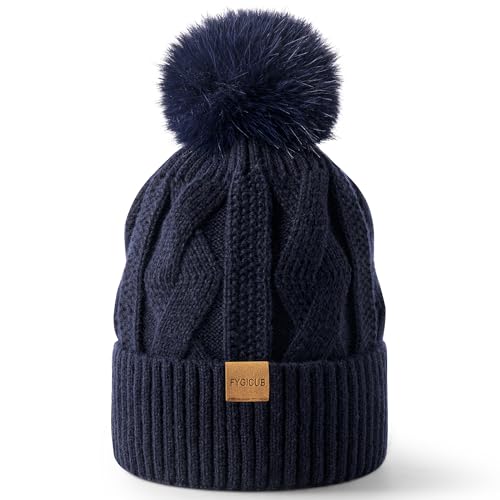 Fygicub Women's Winter Knitted hat, Soft and Warm Fleece Trendy Beanie Cap with pom-pom Ski Navy Blue
