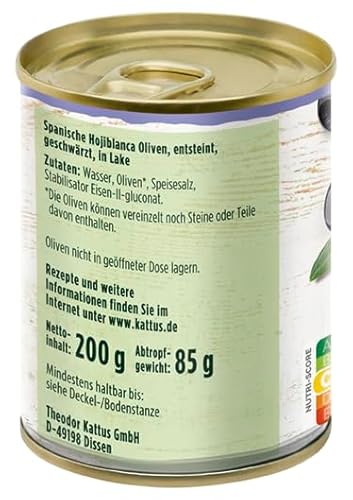 Kattus - Schwarze Hojiblanca Oliven ohne Stein | Ideal zu Pizza, Pasta oder Salaten | 85 g in der Dose