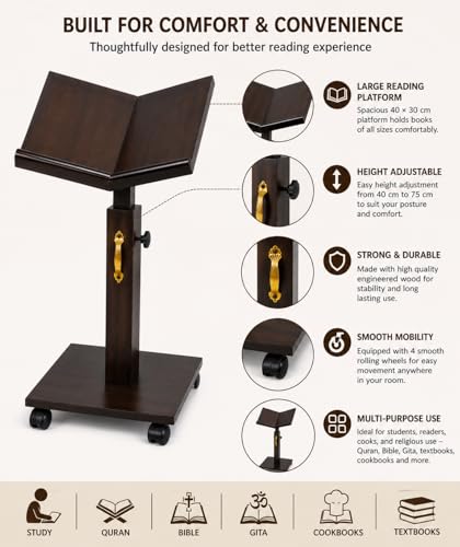 Image of Adjustable Wooden Quran Stand with Wheels | Premium Rehal for Quran Reading | Height Adjustable Book Holder for Namaz, Islamic Study & Prayer