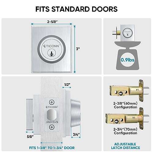 Image of TICONN Front Door Handle Set, Heavy Duty Square Door Lever & Single Cylinder Deadbolt Combo Reversible for Entrance Exterior Doors (Deadbolt Only)