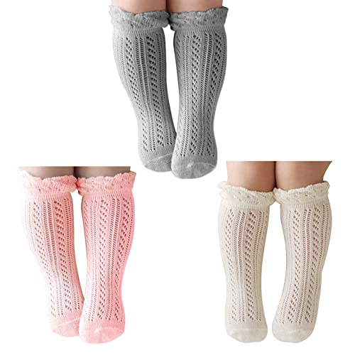 Image of Baby Girls Knee High Socks Hollow Out Anti-skid Knitting Stockings Suitable for 0-2 Years Infants Toddlers