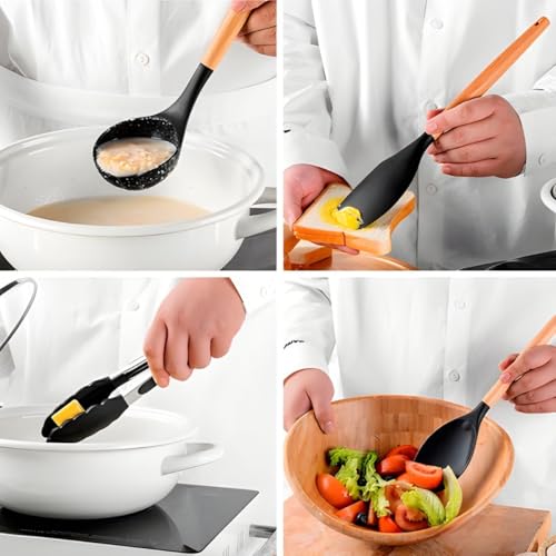 Kit 12 Peças De Cozinha Em Silicone E Cabo De Madeira Jogo De Utensílios Resistente ao Calor Antiade