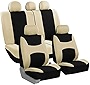 FH Group Car Seat Covers Full Set Beige Black Cloth - Universal Fit, Automotive Seat Covers, Low Back Front Seat Covers, Airbag Compatible, Split Bench Rear Seat, Car Seat Cover for SUV, Sedan, Van