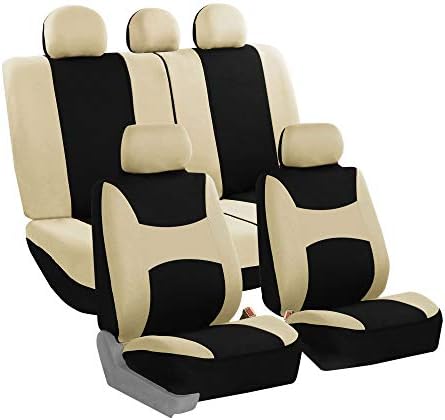 FH Group Full Set Beige Black Cloth - Universal Fit, Automotive, Low Back Front Seat Covers, Airbag Compatible, Split Bench Rear Seat, Car Seat Cover for SUV, Sedan, Van