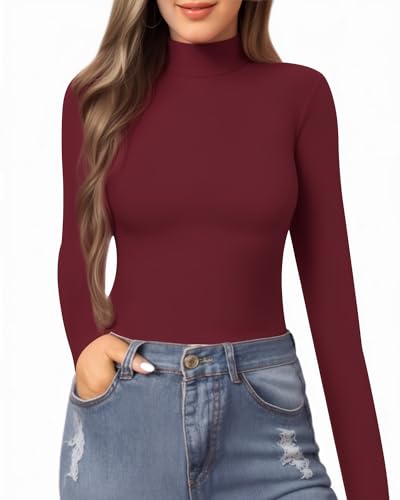 Image of MANGOPOP Women's Mock Turtle Neck Slim Fit Long Sleeve 3 /4 Sleeve Short Sleeve T Shirt Tight Tops Tee