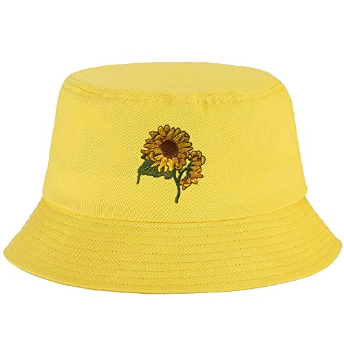 Sunflower Embroidered Novelty Bucket Hat Outdoor Cap for Women 100% Cotton Packable Adjustable