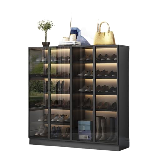 Shoe Storage Cabinet with Glass Doors 6 Tier Adjustable Portable Shoe Shelf Free Standing Shoe Rack Organizer, for Closet Hallway Bedroom Balcony Corridor Home Living Room Furniture Decor Grey