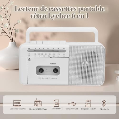 Magnétophone Portable, Lychee magnétophone à Cassettes Vintage avec Radio AM/FM/SW, Haut-Parleur intégré, Prise Casque AC/DC/3,5 mm, Support de Carte TF/entrée USB (Blanc) – vue 3