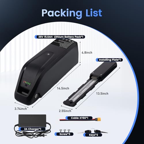 Image of Ebike Battery 36V, 20Ah Lithium Pack with BMS for 0-1500W Motor, Indicator Light, Safe Lock, USB Port, XT60 Plug 5pin Replacement Battery