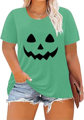 Image of ForHailey Women's Plus Size Halloween Shirts Fall Pumpkin T-Shirt Short Sleeve Graphic Tees Tops