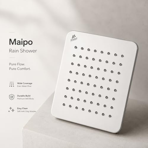 Image of Maipo Koller 4 Inch Square Rain Shower Head, Stainless Steel High Pressure Overhead Bathroom Shower, Chrome Finish, Anti-Clog Silicone Nozzles, Easy Installation