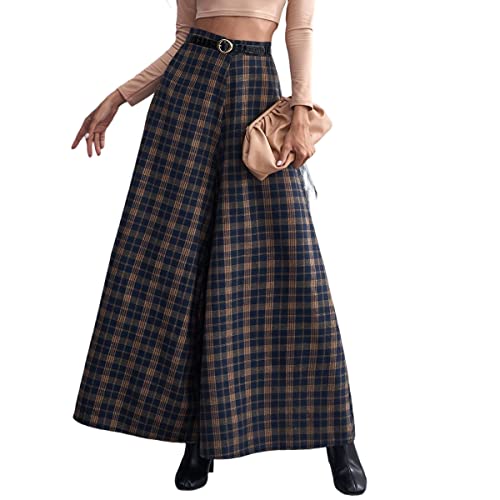 Floerns Women's Tartan Print High Waist Wide Leg Loose Fit Long Pants Trousers