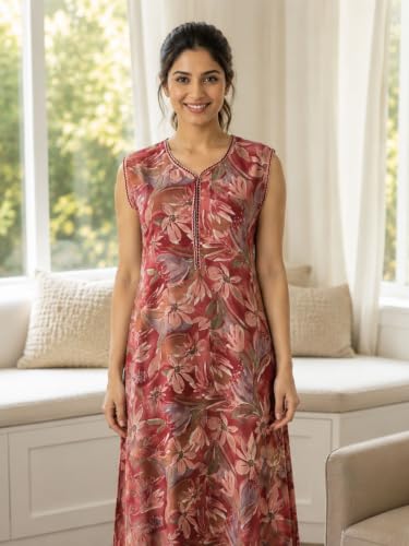 Image of 9shines Label Alpine Sleeveless Nighty | All Over Print Maxi for Women | Night wear for Women | Full Length Night Gown for Women | Night Dress for Women Stylish (Alpine Sleeveless 24)