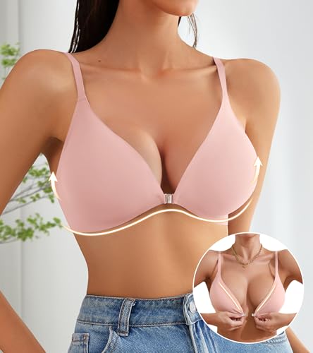 Image of DEANGELMON Front Closure Bras for Women Wireless Lightly Padded Bralett Seamless Low Cut V-Neck Lightweight T-Shirts Bra