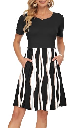 Image of AUSELILY Women's Short Sleeve Pleated Swing Summer Dress with Pockets | Knee-length short sleeve dress, empire waist & pockets, ideal for casual daily wear and vacation