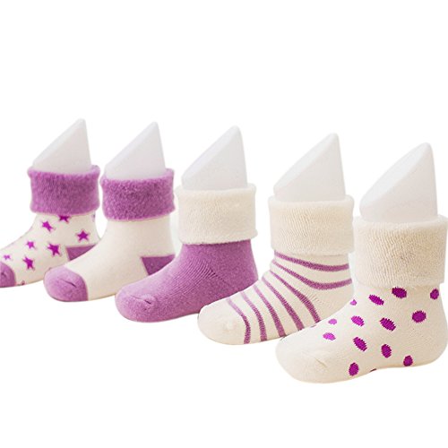 VWU Pack de 5 Pares Calcetines Bebé Unisexo Grueso Medias Infantil Niñito Algodón 7 colores (0-6 Meses, Púrpura) Cover