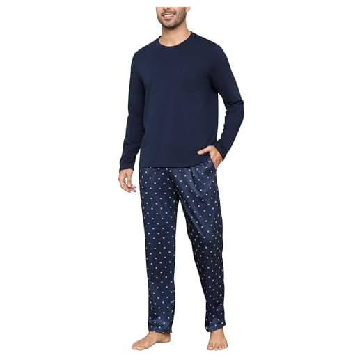Bresdk Pijama Hombre Invierno Algodon Pijamas Estampados Cuello Redondo Ropa de Dormir Camisas de Manga Larga y Pantalones Largos Dos Piezas, Azul, M