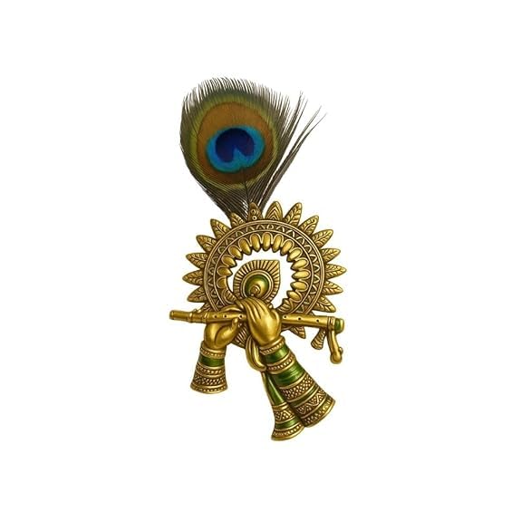 Traditional Krishna Devotional Brooch with Peacock Feather | Gold-Tone Metal Flute Design with Blue Crystal | Handcrafted Spiritual Pin for Wedding, Festive & Ethnic Use