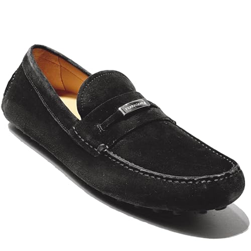 Grenoble Gancini Black Suede Leather Dress Loafers Buckle Mens Drivers Shoes, Nero2