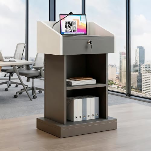 Podium Stand, Wooden Lectern, Pulpits for Churches, Pulpit Podium with 2 Tier Storage & Locking Drawers, Hostess Stand for Church, Seminar, School, Lectures, Conferences