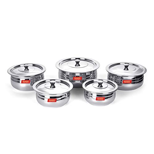 Stainless Steel Cook And Serve 5Pc Handi Set With Lids 1 , 1.35, 1.7, 2.1, 2.8, 2.8 Liter