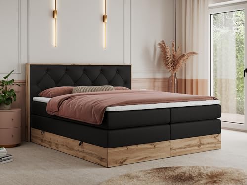 MKS MEBLE King Boxspringbett 200x200 mit Kopfteil und Bettkasten, Polsterbett mit Matratze H3 und Topper T25, Wotan Eiche Dekor - Schwarz Kunstleder - Veneto King
