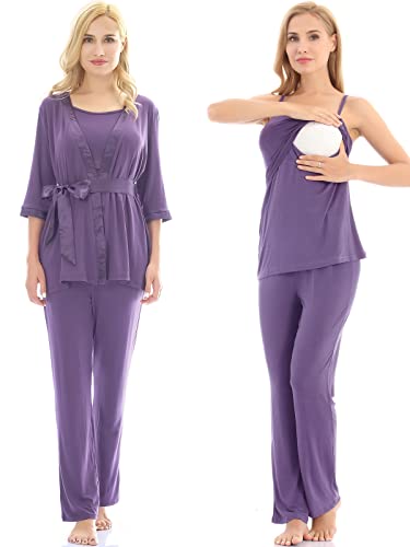 Image of Bearsland Maternity Women's 3 Pieces Soft Nursing Pajamas Set Postpartum Sleepwear for Breastfeeding