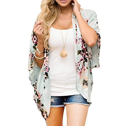 Abrigo Abierto Kimono Suelto Cárdigan Suelto, 3/4 Manga de Playa Kaftan Boho Blusa Top Bikini Cubrir con Capucha Sarongs Verde, Grande