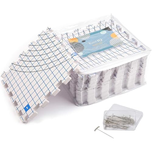 KnitIQ Blocking Mats for Knitting - Extra Thick Blocking Boards with Circular Gridlines for Needlework and Crochet Projects- 100 T-Pins and Storage Bag Included - Standarded Radial Mat Set - Pack of 9