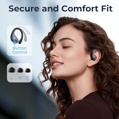 Occiam Active Noise Cancelling Earbuds Wireless Bluetooth Headphones Ear Buds 90Hrs Playback Stereo Bass Earphones with Mic Over Ear Hooks IPX7 Waterproof Headset for Work Sports Running Gym Black