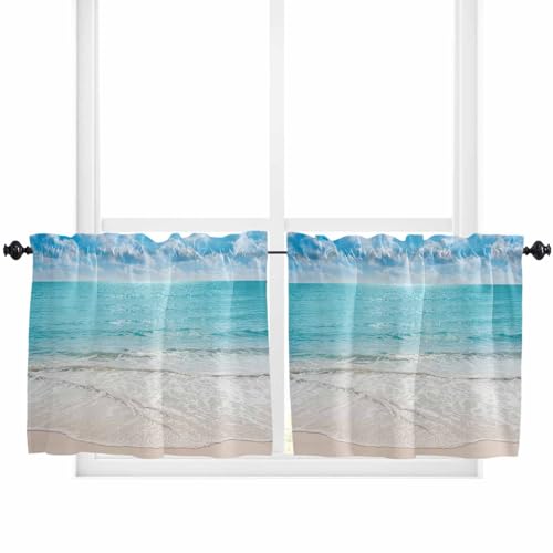Ocean Beach Theme Kitchen Curtains for Bedrooml Living Room 24 Inch Length, Blue White Small Short Cafe Tiers Curtains Drape, 2 Panel Window Treatment Rod Pocket Drapery Panels Curtains 55x24