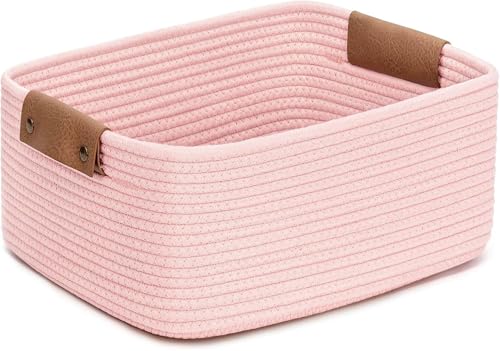 Image of ☆LBY Rectangle Cotton Rope Woven Basket with Handles for Books, Magazines, Toys - Ideal Gift Decorative Basket for Baby Nursery, Living Room (pink, small 10 x 6 x 4 inch)